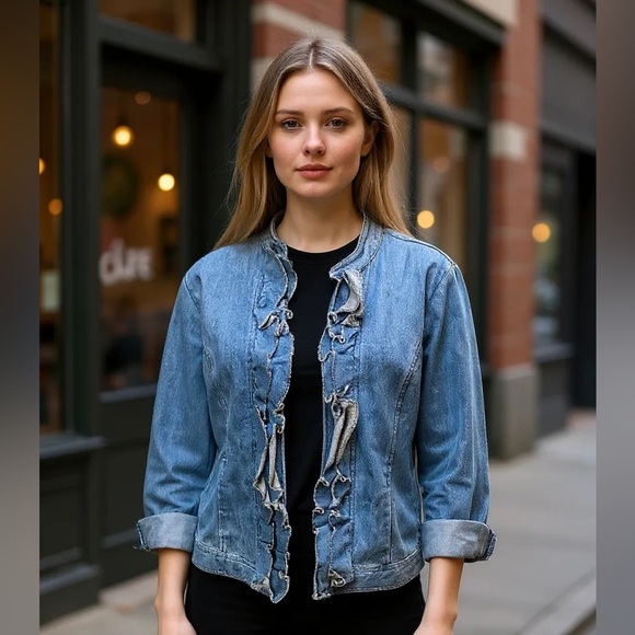Chico’s Ruffle Trim Jean Jacket - Picture 1 of 7